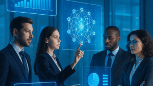 Business team in modern office discussing AI implementation strategies with holographic data charts, avoiding costly enterprise mistakes.
